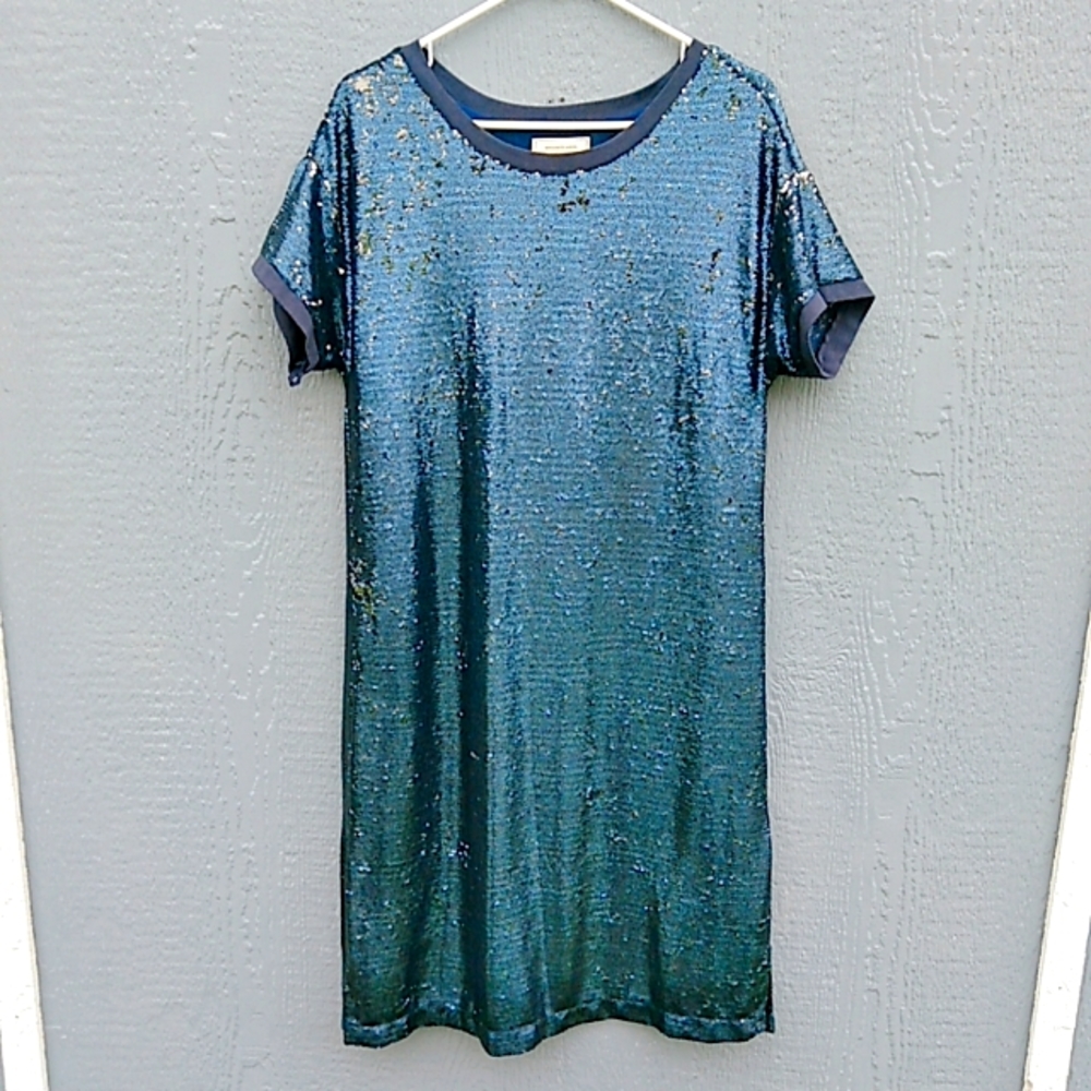 Moulinette Soeurs Teal Sequin Short Sleeve Shift Dress